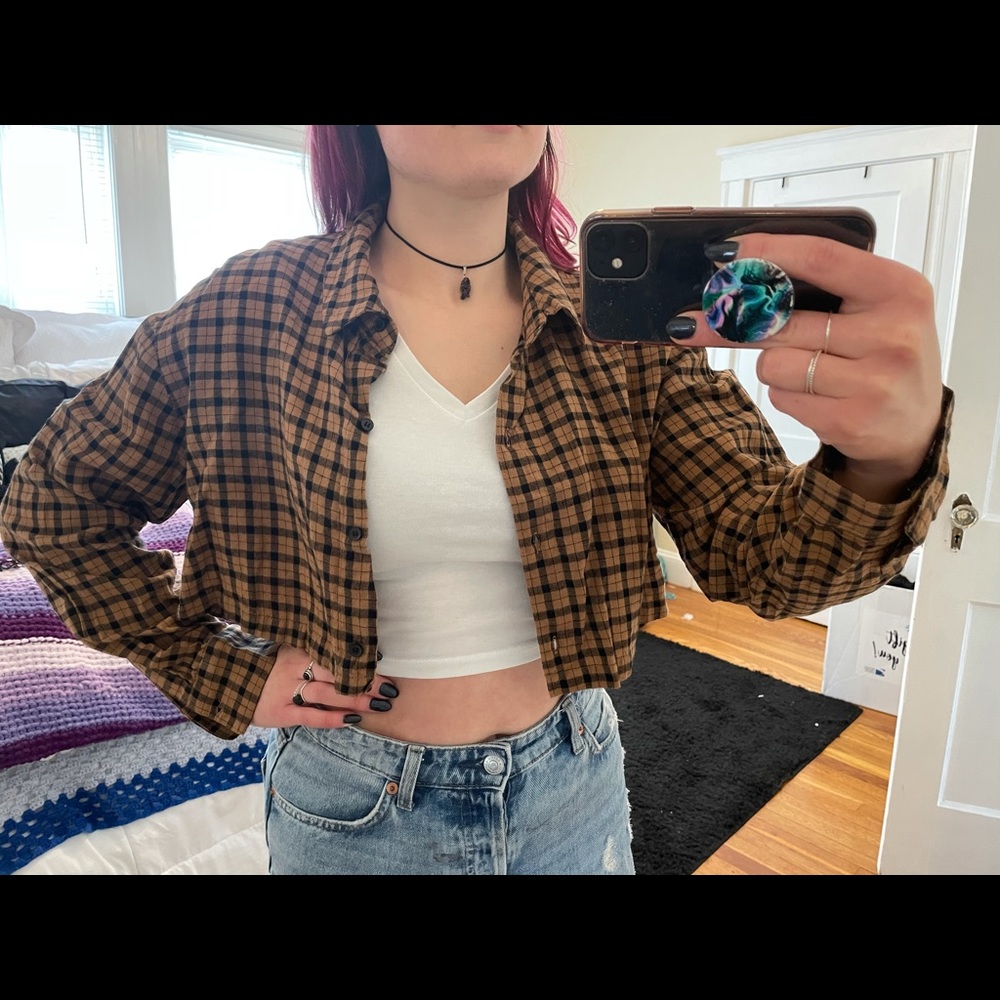 Black and Mustard Brown Checkered Crop Top Flannel